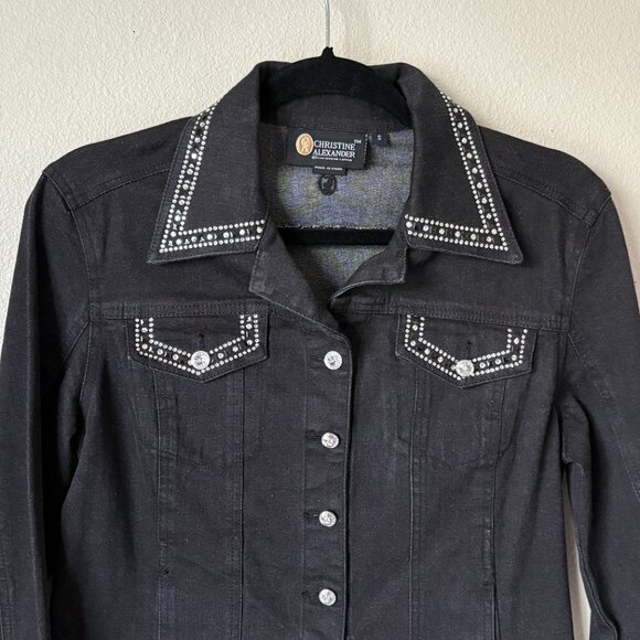 Christine Alexander Women Denim Black Jacket Size S Button Up Rhinestone Stretch - Picture 6 of 13